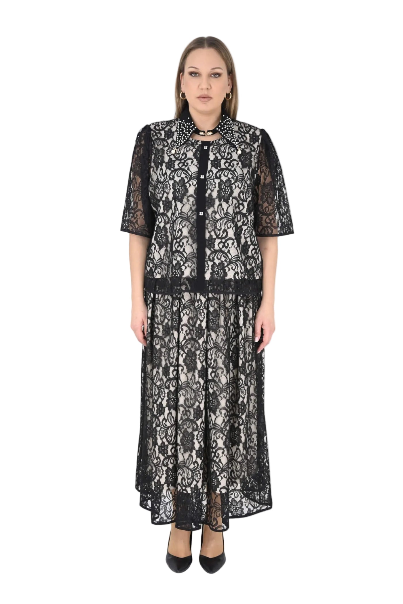 BLACK  2 PC JACKET/SKIRT SET LACE